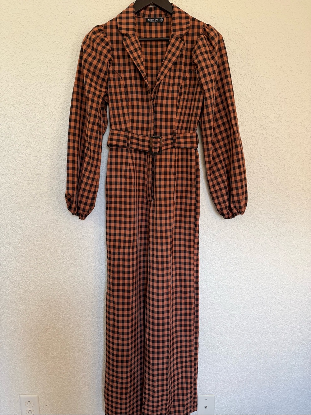 Nasty‎ Gal Salmon/Black Gingham Tailored Jumpsuit | Belted | Wider Leg  | US 0 - Picture 2 of 12
